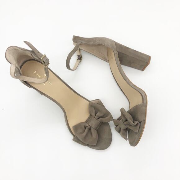 Kate Spade Paulette Bow Heels Size 11 Suede Block Tan Girly Ankle Strap - Picture 9 of 10